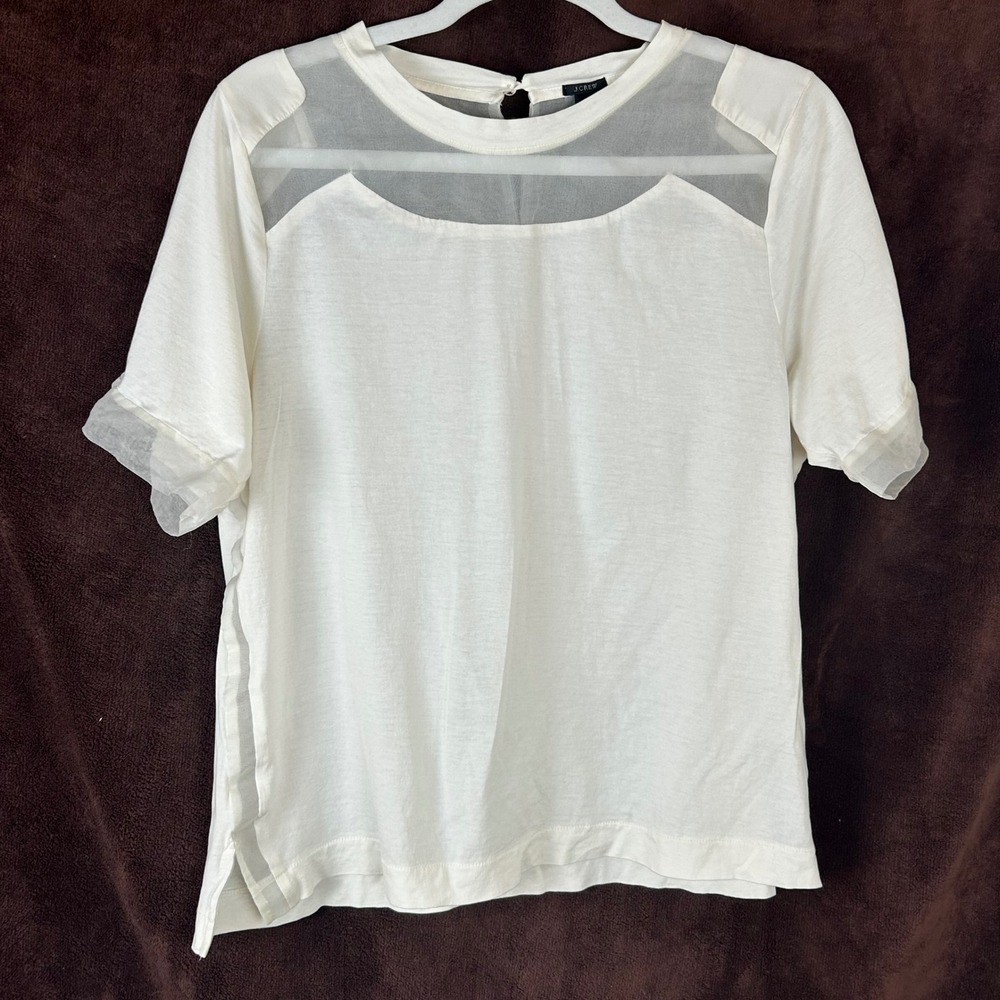 J.Crew Womens Ivory Cotton Silk Mixed Media Sheer Panel Top Size L RN77388